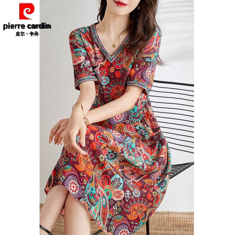 皮尔卡丹（pierre cardin）官方高端香云纱裙子真丝连衣裙女中长款短袖桑蚕丝碎花裙子真 品牌旗舰花色 6862 5XL 品牌旗舰 155-165斤