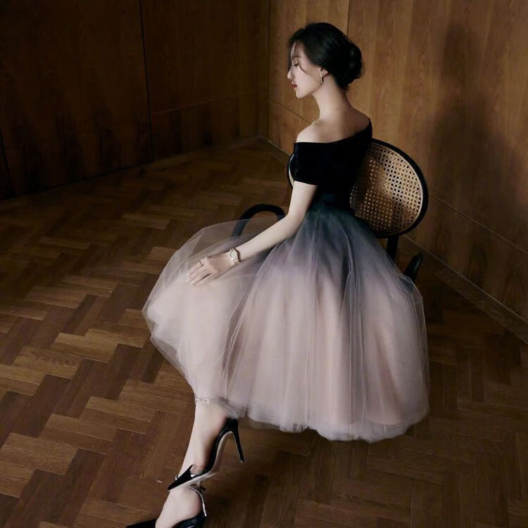 珈岑一字肩连衣裙女法式露肩裙子刘诗诗明星晚礼服2023新款黑色宴会小