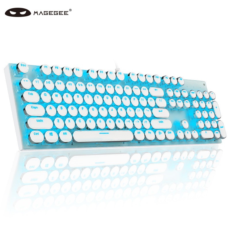 MageGee 机械风暴 朋克有线机械键盘 104键圆键帽背光键盘 吃鸡游戏键盘 台式笔记本电脑键盘 白色蓝光 青轴