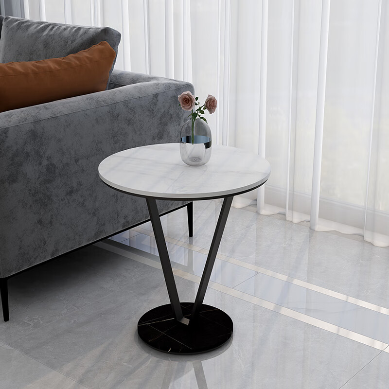 岩板轻奢边几客厅小圆桌子阳台大理石角几茶几可移动 雪山白岩板面