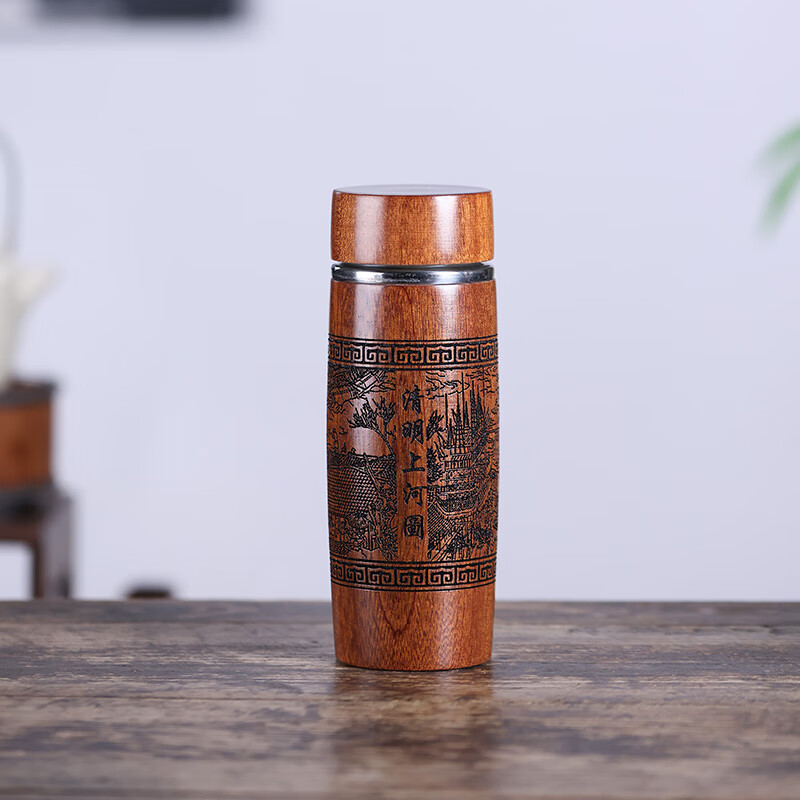 檀轩阁紫砂保温杯紫砂胆茶杯男士款实木外壳红木水杯送父亲生日节日礼物 梨花木-清明上河图(皮盒)300ml