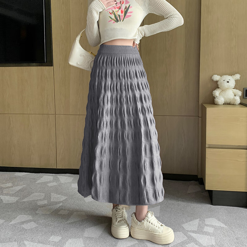 okkdey轻奢高端针织泡泡半身裙百搭高腰长款毛织a字裙子秋冬大摆长裙