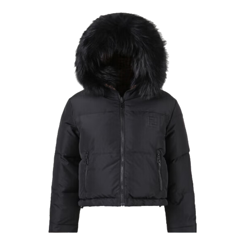 芬迪（FENDI）女士双面穿短款连帽羽绒服夹克外套面包服女装 FAN134 AQB2 F0GME 黑色/烟叶黄FF图案 L