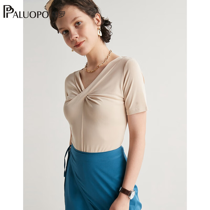 帕罗（PALUOPO）纯色莫代尔v领短袖t恤女交叠领打底衫夏季新款上装性感半袖衣服 米色 M (160/84A)