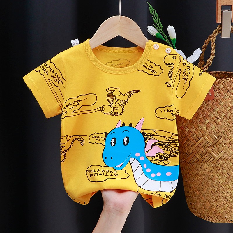 易卡通儿童短袖t恤纯棉夏季男女童夏装婴儿宝宝新款上衣 I027-黄底蓝龙 100cm.