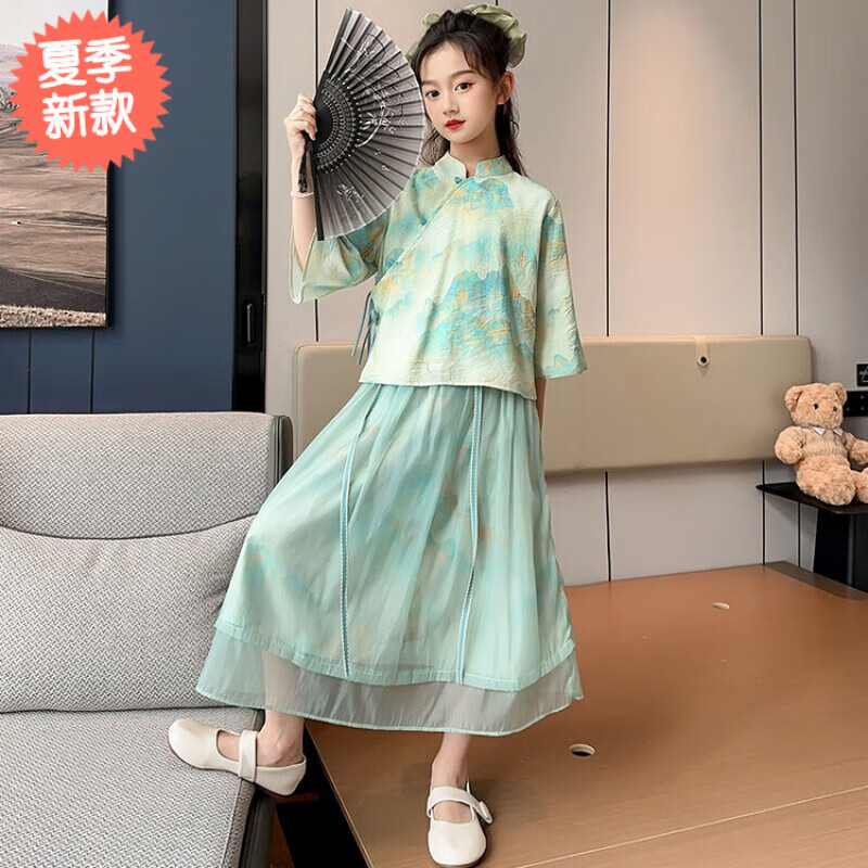 贝格菲中国风汉服女童13岁女孩夏装个性旗袍裙中式夏季薄款中童女装