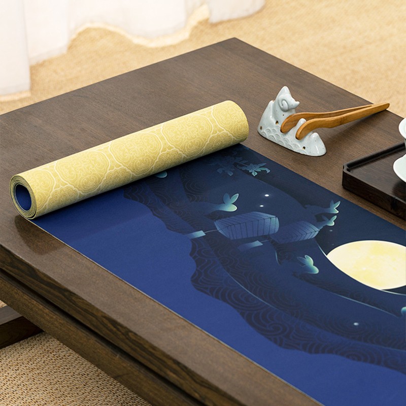 茶宝形相瑶台镜中秋礼盒茶席手绘大月中式防水防滑桌旗茶桌装饰定制