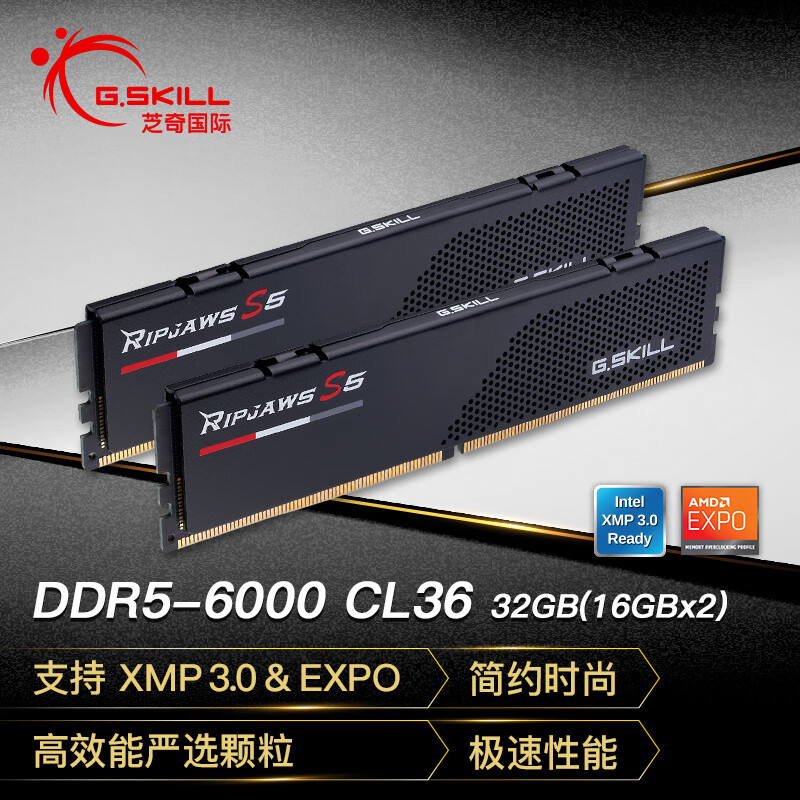 G.SKILL芝奇（G.SKILL）32GB(16Gx2)套装 DDR5 6000频率 台式机内存条-焰刃(黯夜黑)/C36