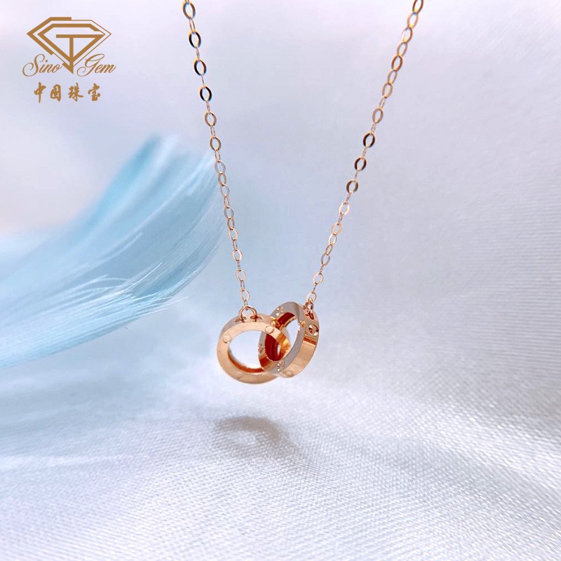 中国珠宝18K玫瑰金项链女时尚双环套链K金环环相扣送礼物女友容易断吗？