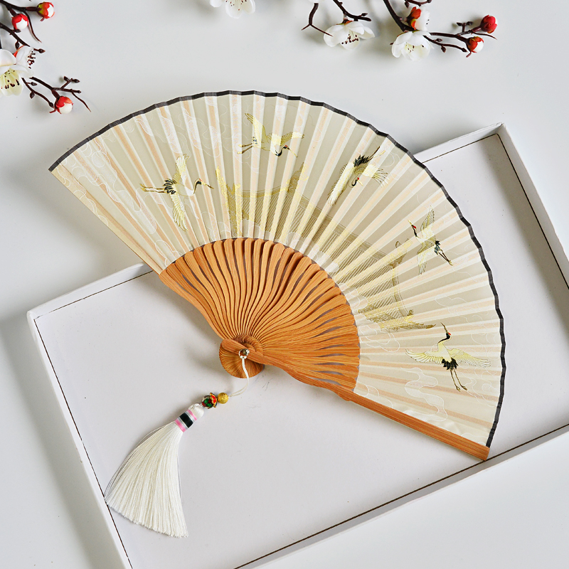中国风古风扇子素雅折扇女随身古风汉服和风百搭风格生日礼物 米色