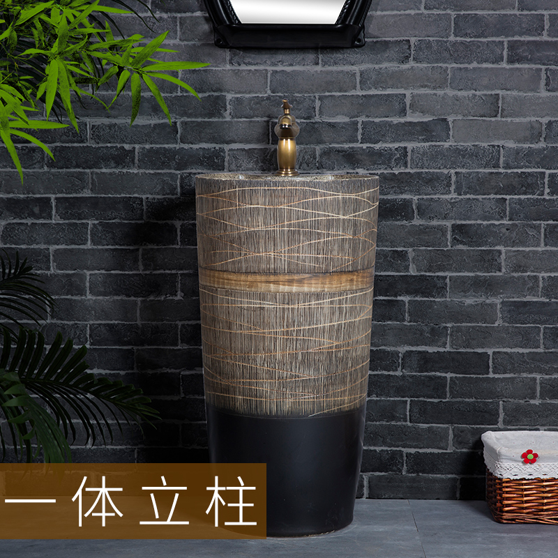 德莱驰 落地式一体立柱盆户外庭院水池复古洗手盆小型陶瓷柱盆卫浴