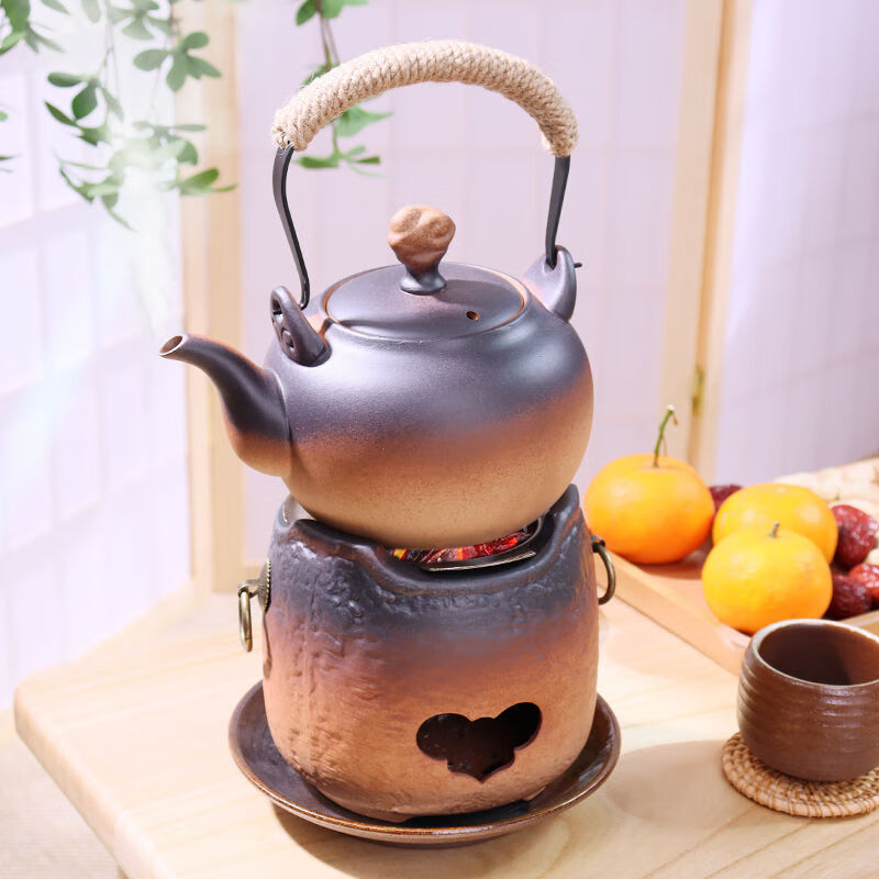 棉小城潮州陶瓷炭炉煮茶器煮碳炉老式酒精炉家用室内户外烧水壶围炉茶具 MXC-622【富贵提梁壶】800ml