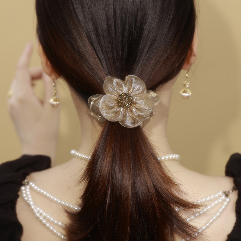 魅丽饰季精致欧根纱太阳花发圈头绳头花饰品高弹力发绳女感头饰 香槟