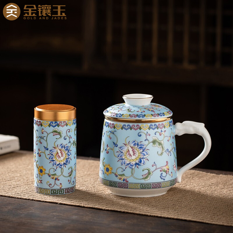 金镶玉 珐琅彩茶杯套装 家用陶瓷白瓷带过滤茶水分离杯马克杯泡