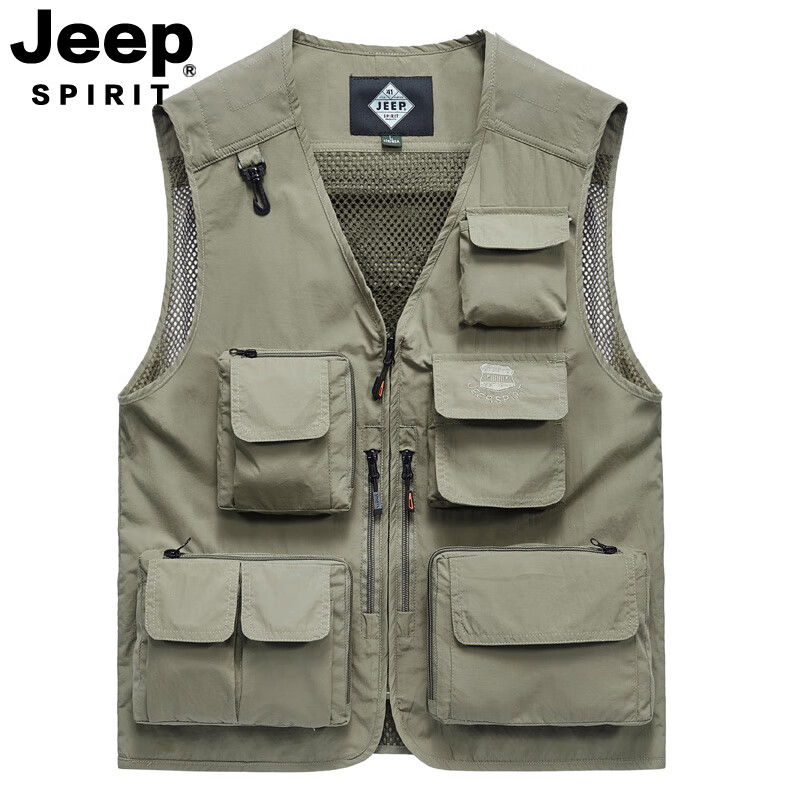 吉普(jeep)男装马甲轻薄摄影背心夏天休闲多口袋钓鱼网眼马甲 卡其色