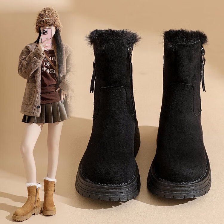 大东爆侧拉链橡胶中跟(3-5cm)人造短毛绒雪地靴冬季织物靴子粗跟 卡其色 40