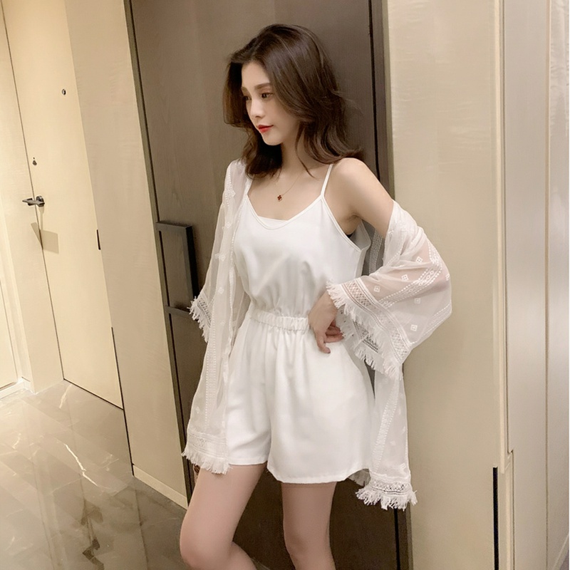 小个子阔腿裤子女2021夏季新款网红蕾丝衫吊带两件套 白色两件套 s码
