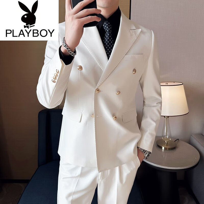 花花公子戗驳领白色西服套装商务休闲西装新郎结婚礼服主持服装 白色