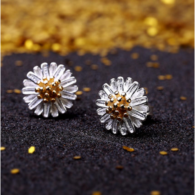 【提伯斯】s990足银耳钉女时尚气质雏菊花朵耳环简约饰品菊花耳钉寓意