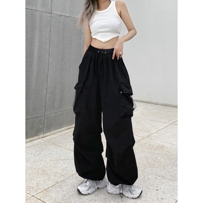 美式复古hiphop嘻哈工装裤女直筒宽松高腰显瘦多口袋运动休闲裤子 灰色 【斜纹原版面料】 S(建议70-95斤)