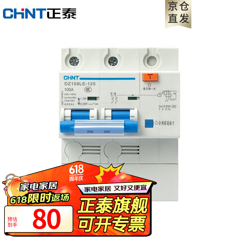 正泰（CHNT）空气开关断路器空开漏电断路器DZ158LE2P/100A总电闸短路保护器