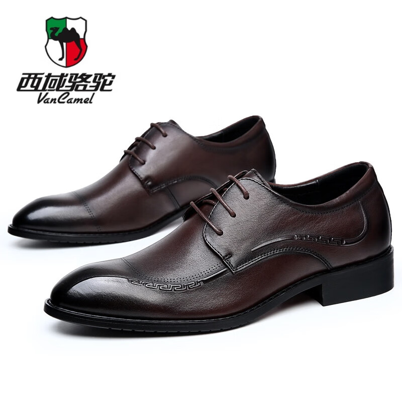 西域駱駝（VANCAMEL）品牌輕奢新款頭層牛皮男士商務正裝男鞋木頭跟結婚鞋 深棕色 43
