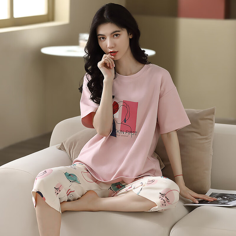 贝意品睡衣女夏季短袖七分裤棉少女休闲宽松套装卡通可爱可外穿家居服