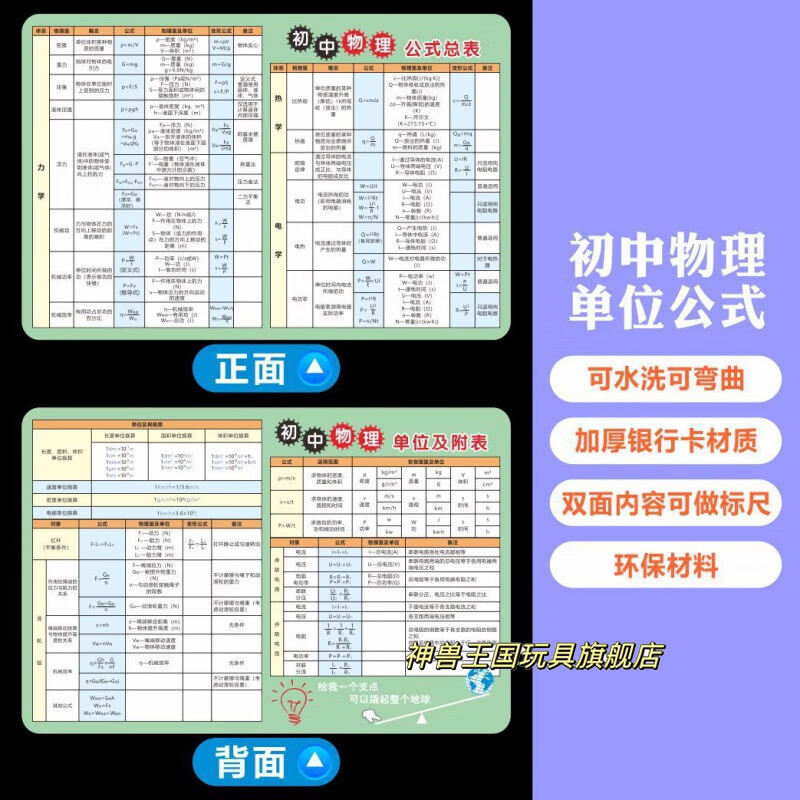 初中数理化公式全套手卡 初中物理公式大全记忆手卡知识点归纳总结数