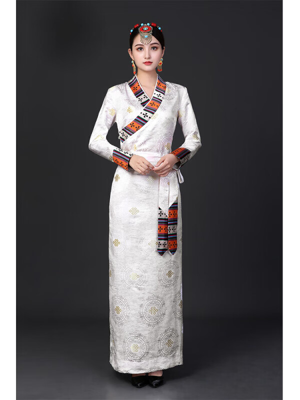汇香天泽西藏旅游服装女全套新款博拉藏族服装女拉萨服民族风锅庄舞裙 米白色 m_(116-130斤左右)