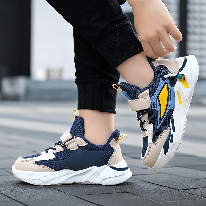 贝天熊童鞋春秋儿童运动鞋男女童轻便耐磨革面低帮鞋魔术贴网面运动鞋 YD1876深蓝【双网】 34 内长21.4/脚20.4