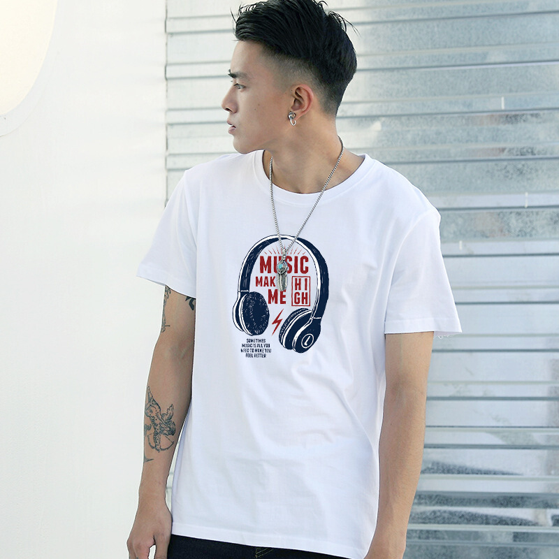 圆领潮流大码衣服潮体恤男士夏季男装薄款件 白t 032 耳机 l
