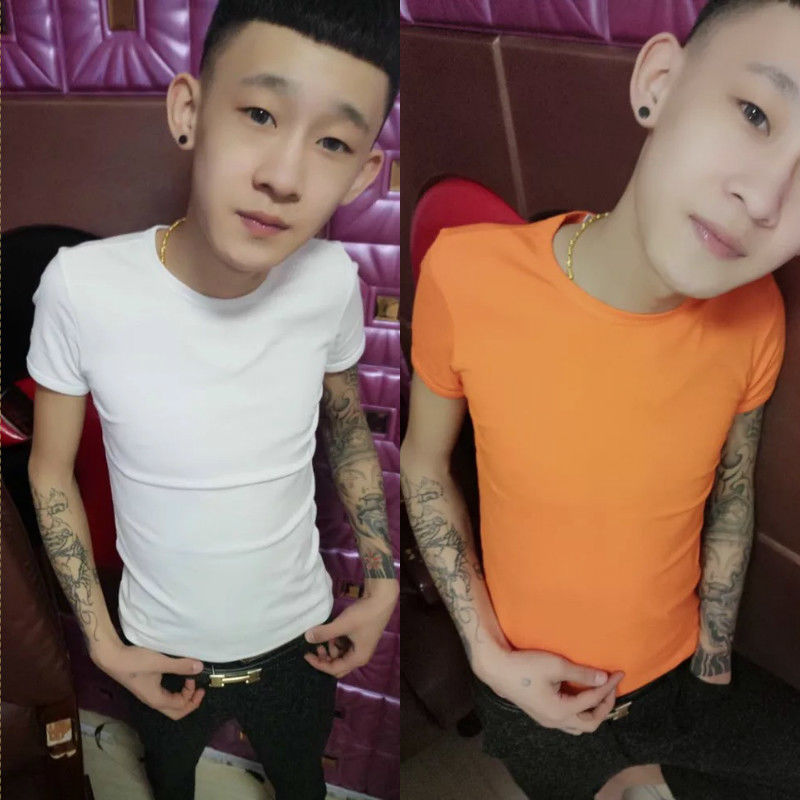 楠语秋(nanyuqiu)社会精神小伙修身纯白纯色短袖男t恤快手红人同款