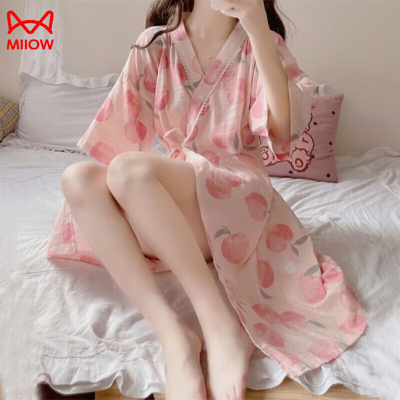 貓人（MiiOW）領(lǐng)日式和服綁帶睡袍裙浴袍睡衣女夏天家居服夏款睡裙夏季浴衣夏 圖片色 L 建議100-120斤
