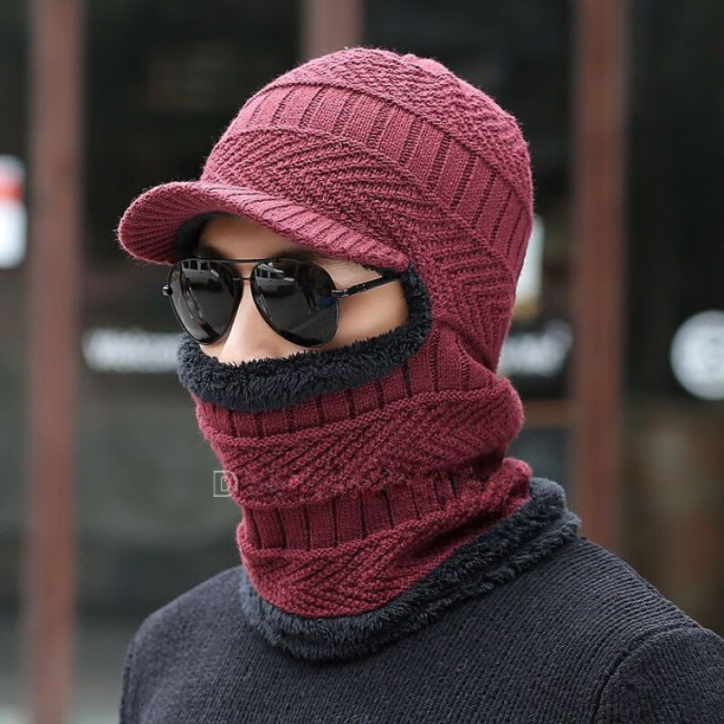 帽子男冬天韩版骑车针织帽冬季加厚保暖毛线帽休闲护耳套头帽 红色