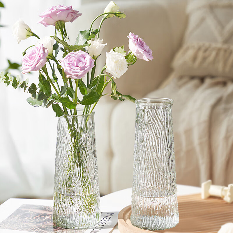 盛世泰堡玻璃花瓶透明植物插花瓶水培容器客厅摆件锥桶树皮纹