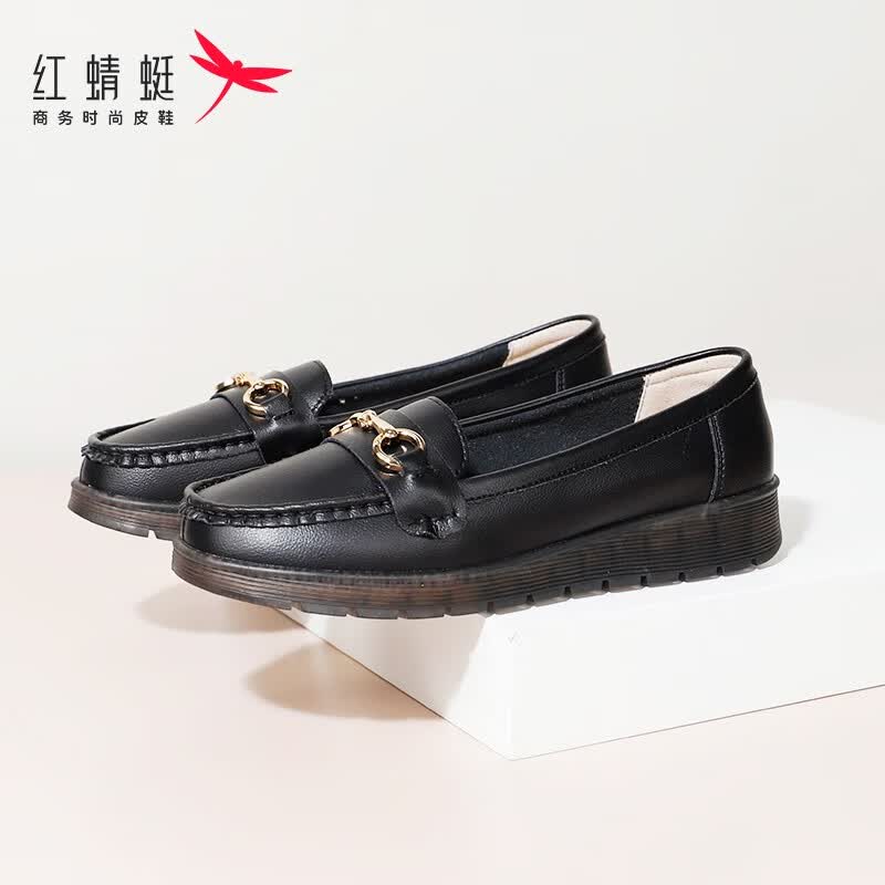红蜻蜓女鞋新款一脚蹬舒适妈妈鞋软底豆豆鞋女通勤百搭护士休闲平底单鞋 黑色 37