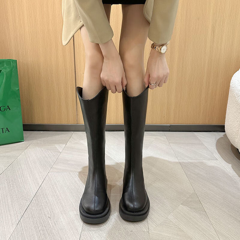 豹观(baoguan)长筒靴腿粗长筒靴女英伦风粗腿骑士靴胖mm大筒围厚底高