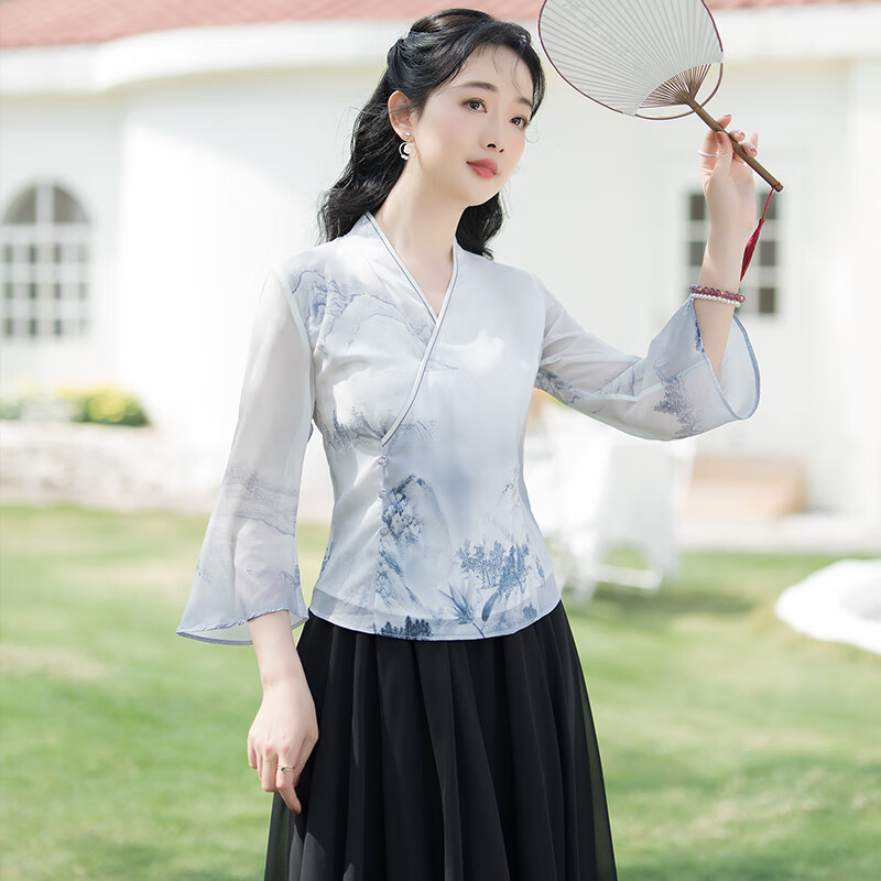 彼答零2023夏季新款中国风女装复古水墨印花对襟交领汉服旗袍唐装上衣