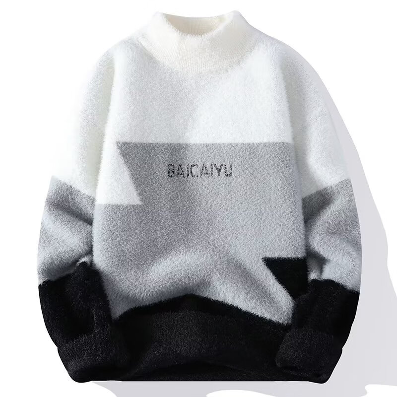 JIAYE半高领毛衣男秋冬季休闲保暖衣仿貂款加绒针织衫毛线衣渐变打底衫 黑色 XL 【115-130斤】