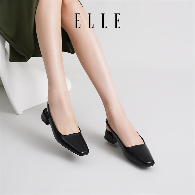 ELLE官方女鞋新款包头凉鞋女法式方头单鞋通勤低跟鞋子 黑色 3cm 38 (240mm) 标准码