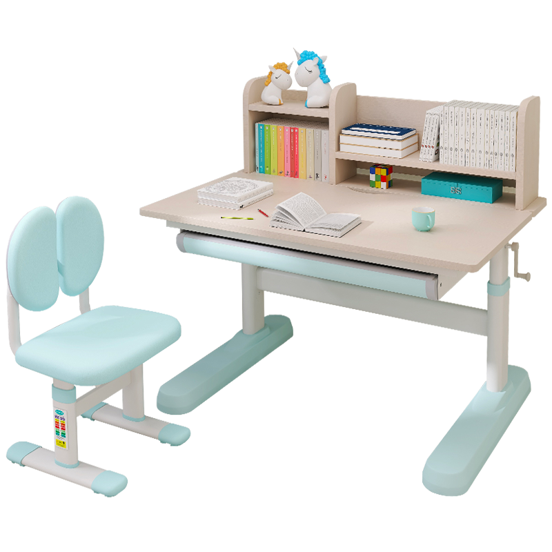 益威 儿童学习桌椅套装 实木学习桌 儿童书桌 写字桌 可升降带书架写字台 实木学习桌椅-蓝色-升级款【赠:原装椅套】