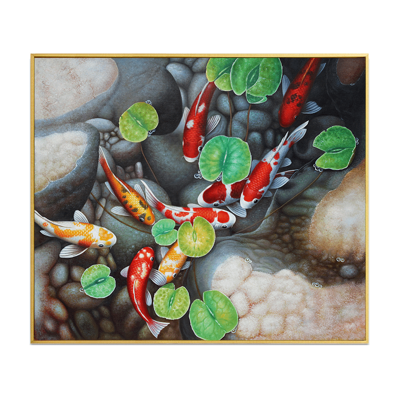 艺幻九鱼图手绘餐厅现代简约手绘油画年年有余装饰挂画轻奢新中式玄关