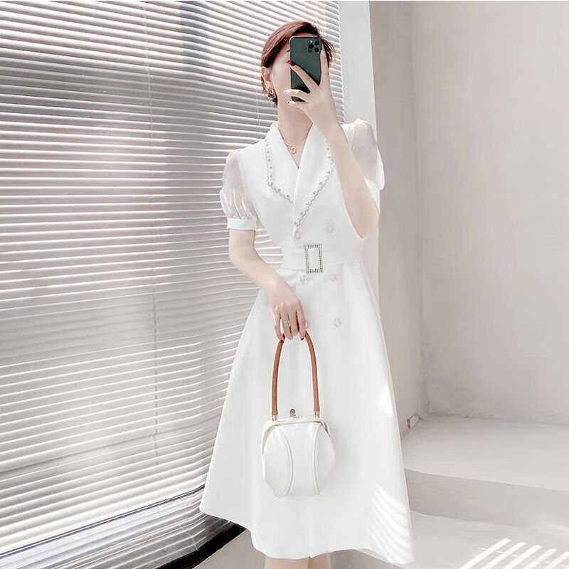 诗威琪感白色西装连衣裙女2022夏季新款收腰气质通勤短袖A字裙长款淑女 白色 M