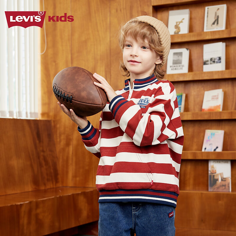 Levi's李維斯兒童童裝衛(wèi)衣冬季男女童新款立領(lǐng)條紋長袖上衣潮 淺燕麥色 140 /68 【建議身高128-140cm】