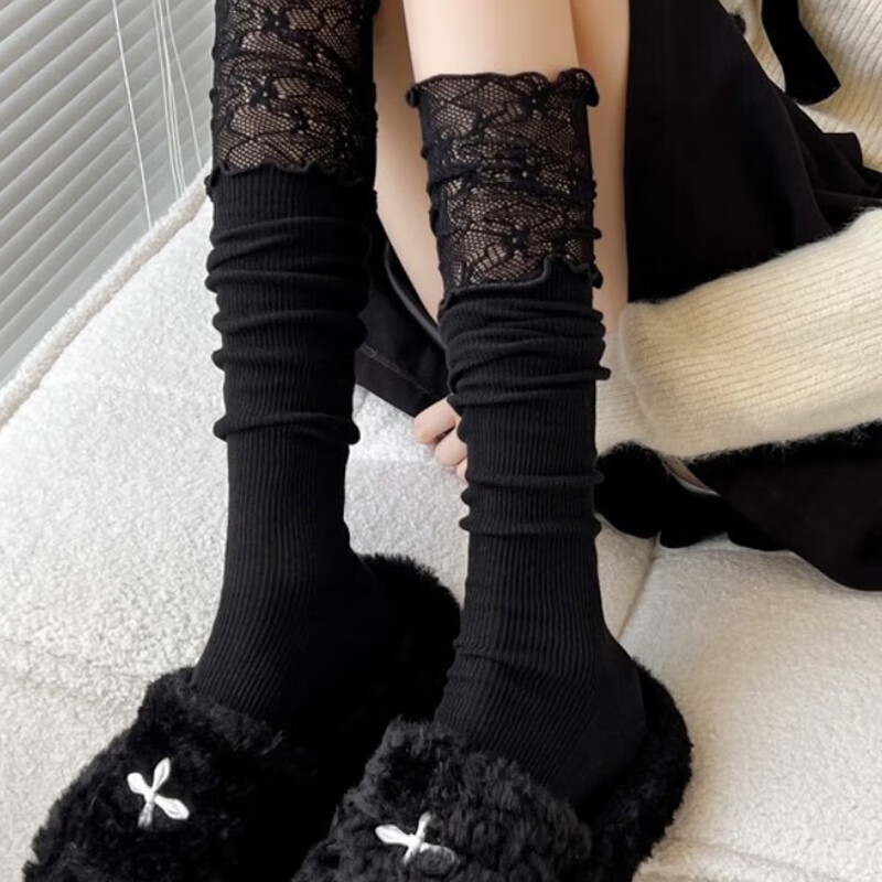 恬饰蕾丝花边中筒袜堆堆袜慵懒感过膝袜过膝袜高筒大腿袜 黑色 均码