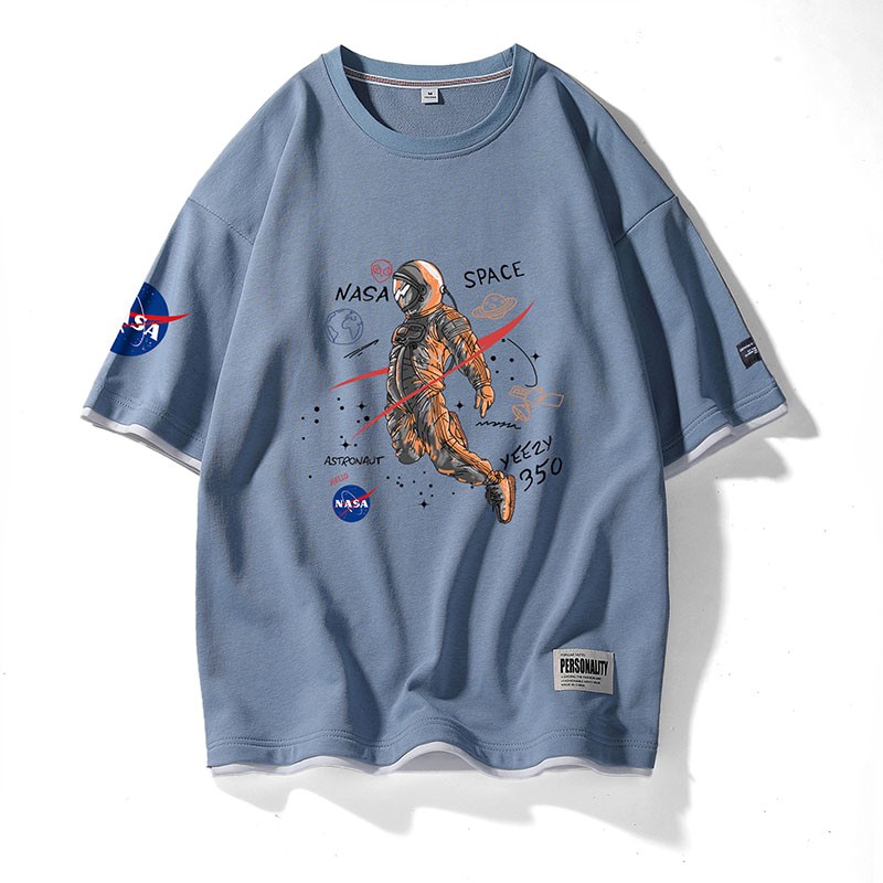 安以特 NASA联名短袖T恤男直筒合身太空宇航员印花半袖体恤 雾霾蓝色 XL