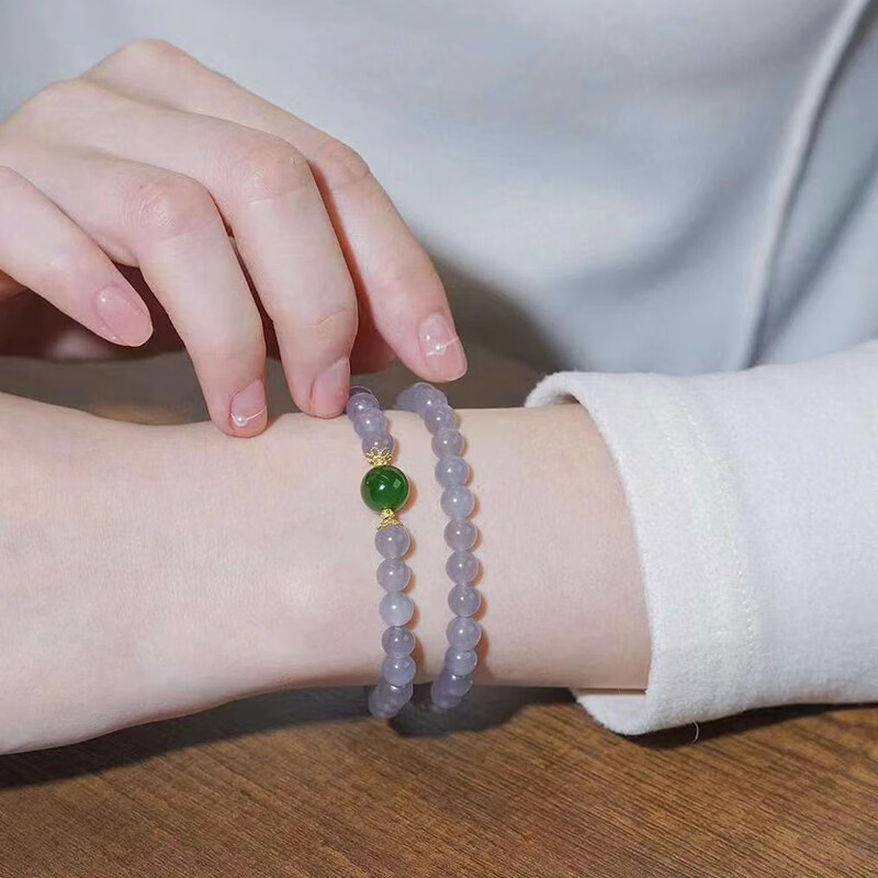 妙聚福 天然青海料和田玉烟紫色圆珠 两圈原创手链烟灰紫罗兰玉手串