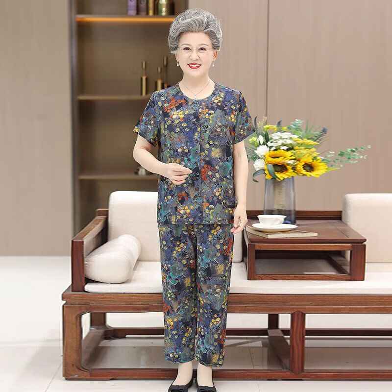 中凡智中老年妈妈夏装棉绸套装老年人女装奶奶装老人衣服夏季60到70岁