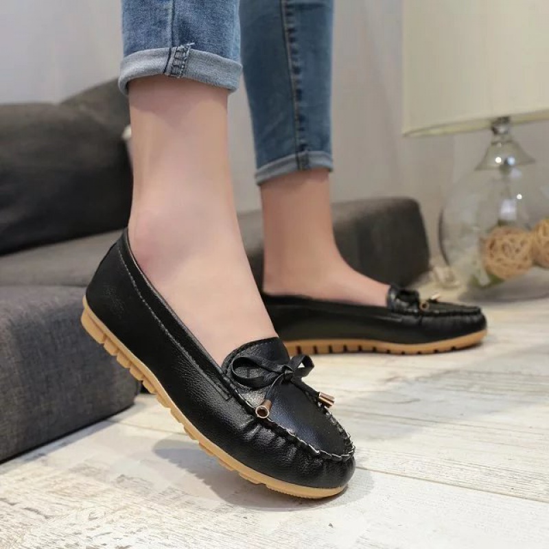春秋新款平底小白鞋女蝴蝶结豆豆鞋女护士鞋单鞋工作鞋妈妈鞋 蝴蝶结黑色 37