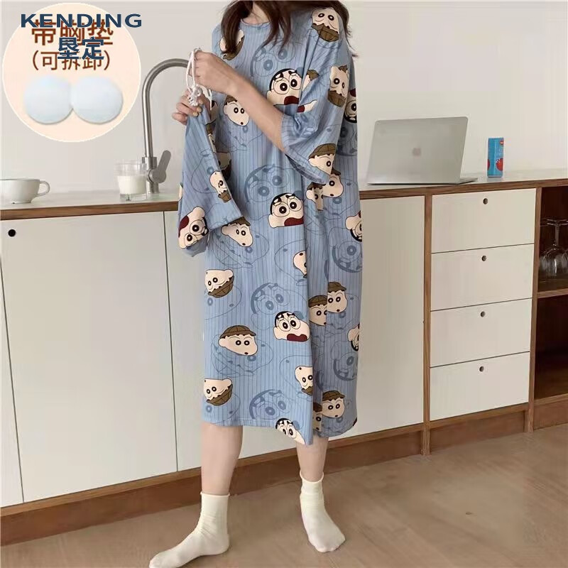 垦定（KENDING）睡裙女夏带胸垫甜美卡通短袖睡衣薄款大码宽松孕妇家居服网红 蜡笔小新裙子【带胸垫】 M 80-125斤